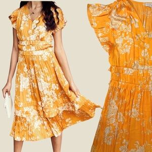 Current Air Anthropologie Sereia Floral Midi Dress Golden Yellow Large NWOT